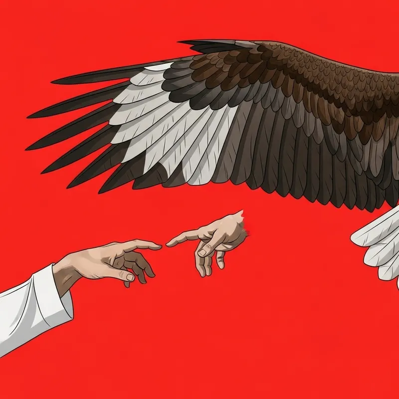 Red Background Human Hand and Eagle Wing Connection