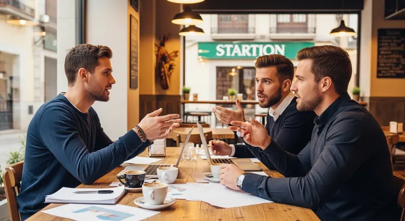 Meeting with 3 European Founders at Café in Spain Launching Startup Project Meeting with 3 European Founders at Café in Spain Launching Startup Project