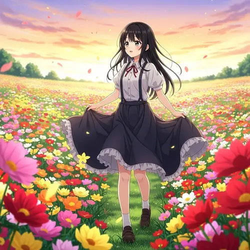 Anime-Styled Girl in Vibrant Flower Field | Floral Beauty Scene