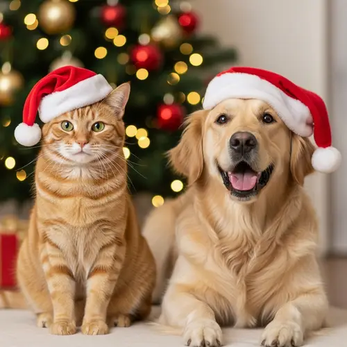 Happy Cat and Dog in Christmas Hats