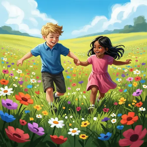 Joyful Sibling Bonding in Colorful Meadow - Family Fun Scene