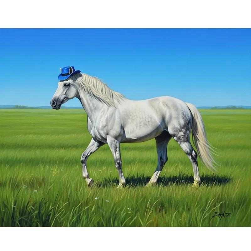Majestic White Horse with Blue Hat in Serene Green Field Majestic White Horse with Blue Hat in Serene Green Field