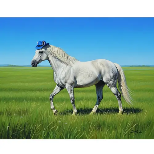 Majestic White Horse with Blue Hat strolling in Green Field