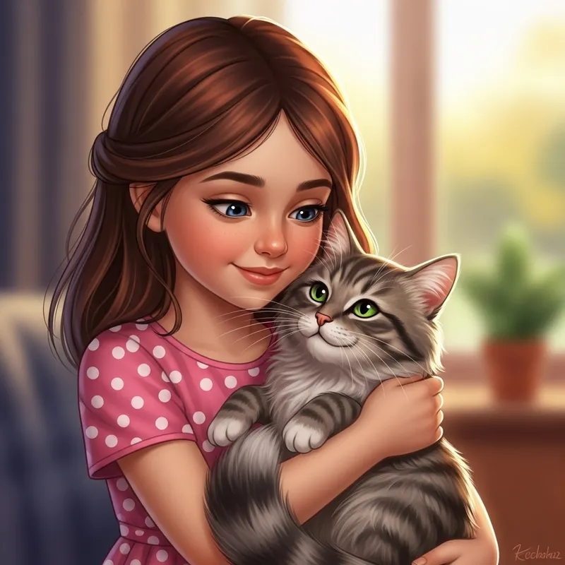 Adorable Girl and Cat - Heartwarming Illustration