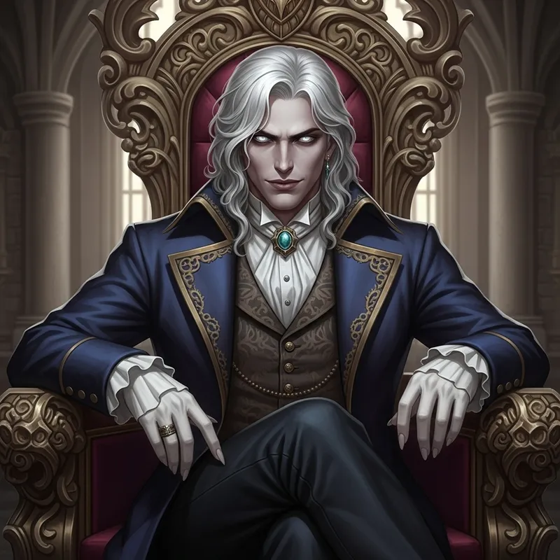 Male Fantasy Character with Piercing White Eyes in Victorian Attire