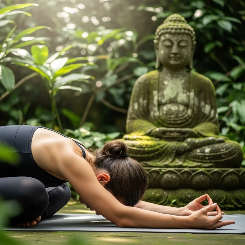 Tranquil Yoga Session with Buddha Statue in Serene Outdoor Setting
