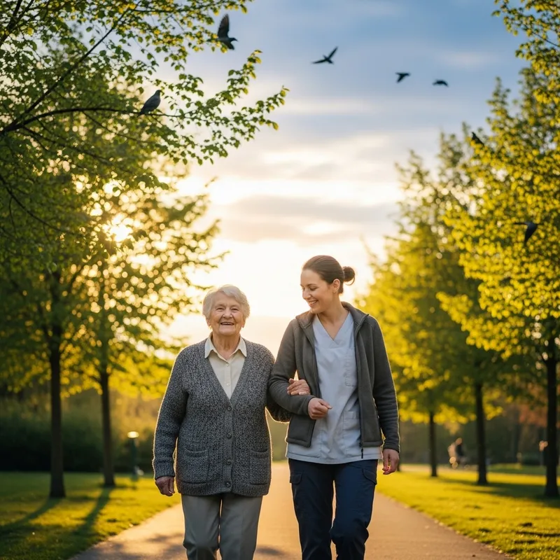 Smiling Senior Person and Caregiver Strolling Among Trees