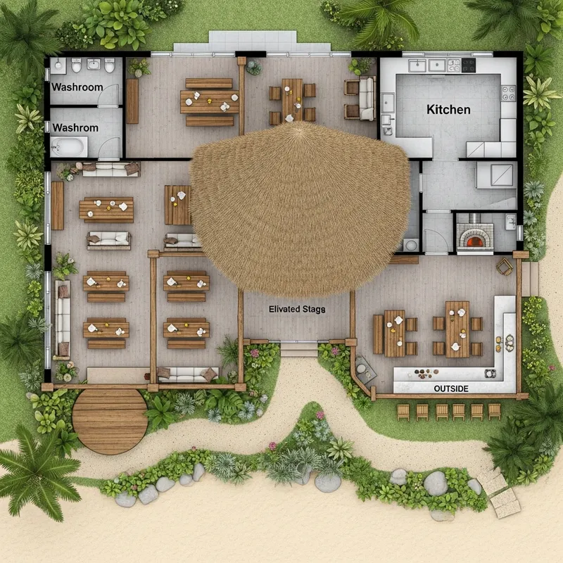 Caribbean Beachfront Restaurant Design | Open-Air Dining & Bar Area
