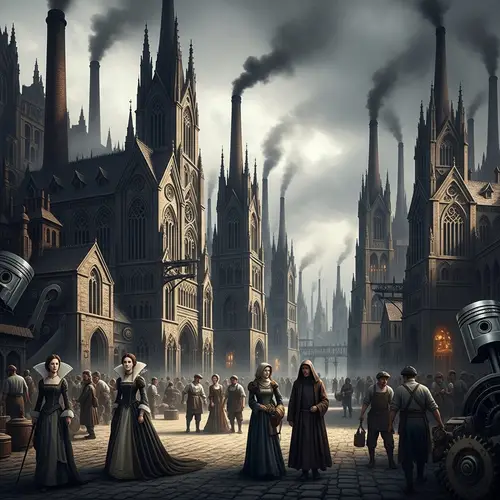 Industrial Revolution Gothic Scene: Architecture, Fashion & Machinery