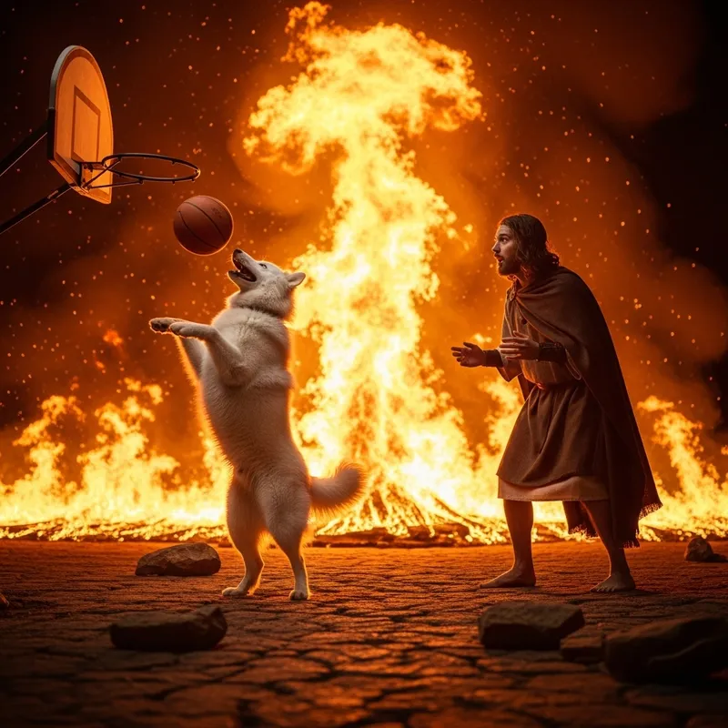 Dog Playing Basketball with Jesus in Fiery Background