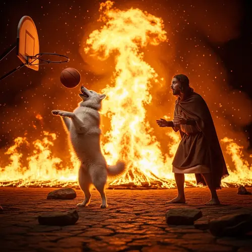 Dramatic Scene: Dog Making Basketball Shot with Long-Haired Male in First-Century Clothing Watching