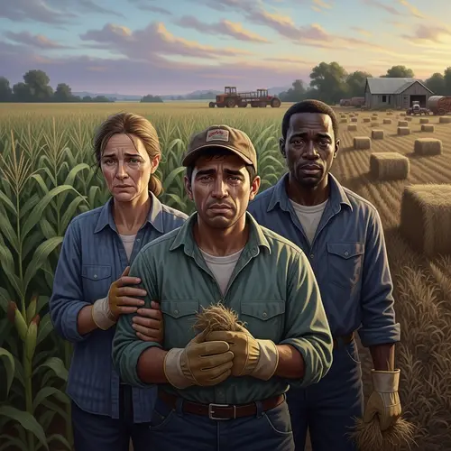 Emotional Scene of Farmers Grieving in Farmland