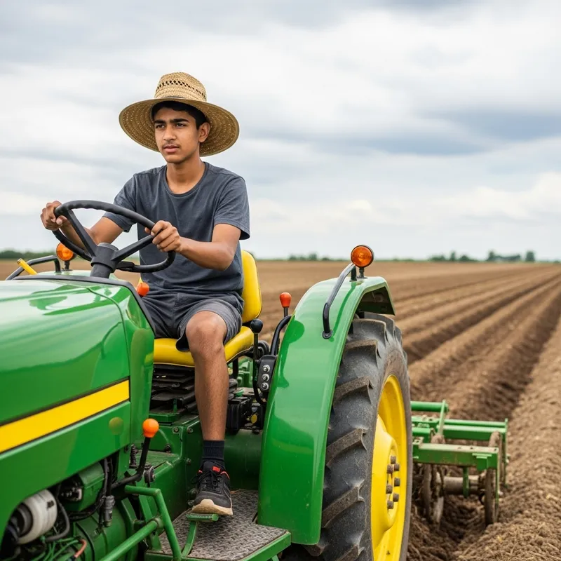 Teenager Driving Tractor in South Asia