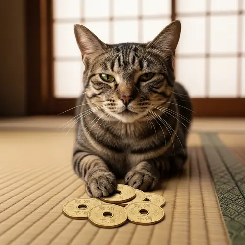 Cat with Koban - Traditional Japanese Oval Gold Coin