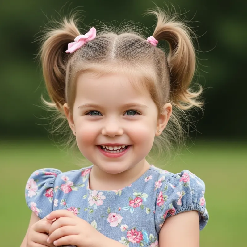 Smiling Little Girl with Ponytails - Realistic Dress Portrait
