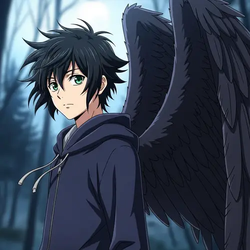 Anime Guy with Striking Green Eyes & Dark Angel Wings