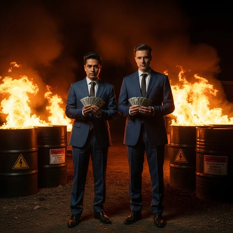 Men in Classic Suits Amid Toxic Waste: Dark Ambiance Scene