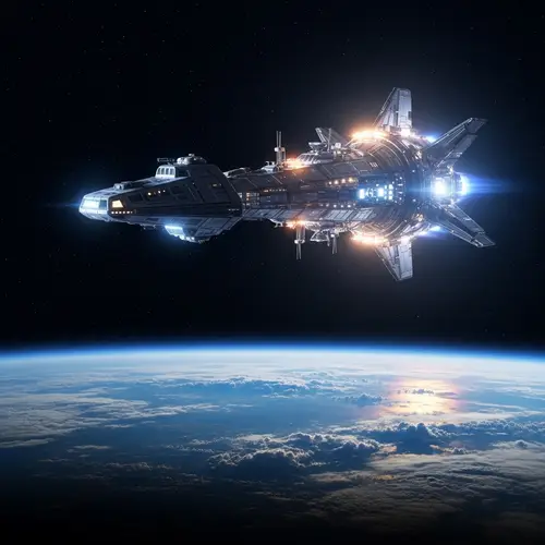 Intricate Spaceship Gleaming in Night Sky - Marvel of Space Travel