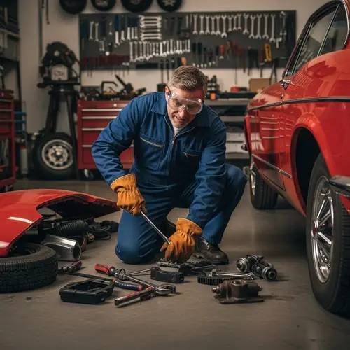 Vintage Car Dismantling by Middle-aged Man in Organized Garage