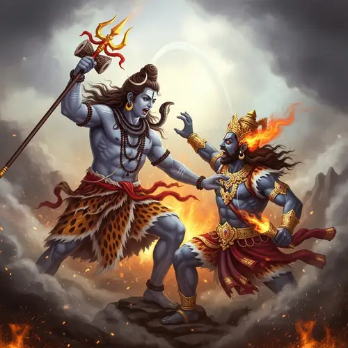 Epic Depiction of Lord Shiva in Fierce Battle with Demon Tripura Sura