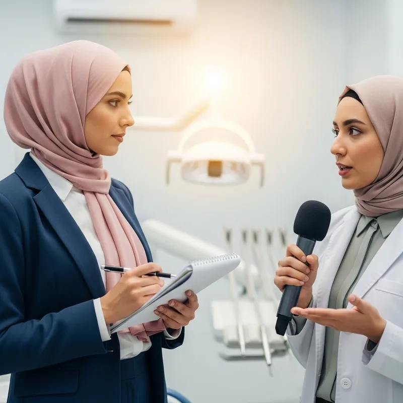 Hijab-Wearing TV Host Interviews Dentist - Microphone Shot