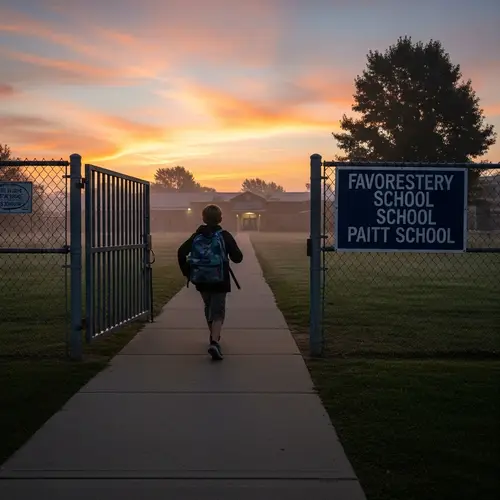 Suburban School Scene at Dawn: Caucasian Boy Rushing Through Gate