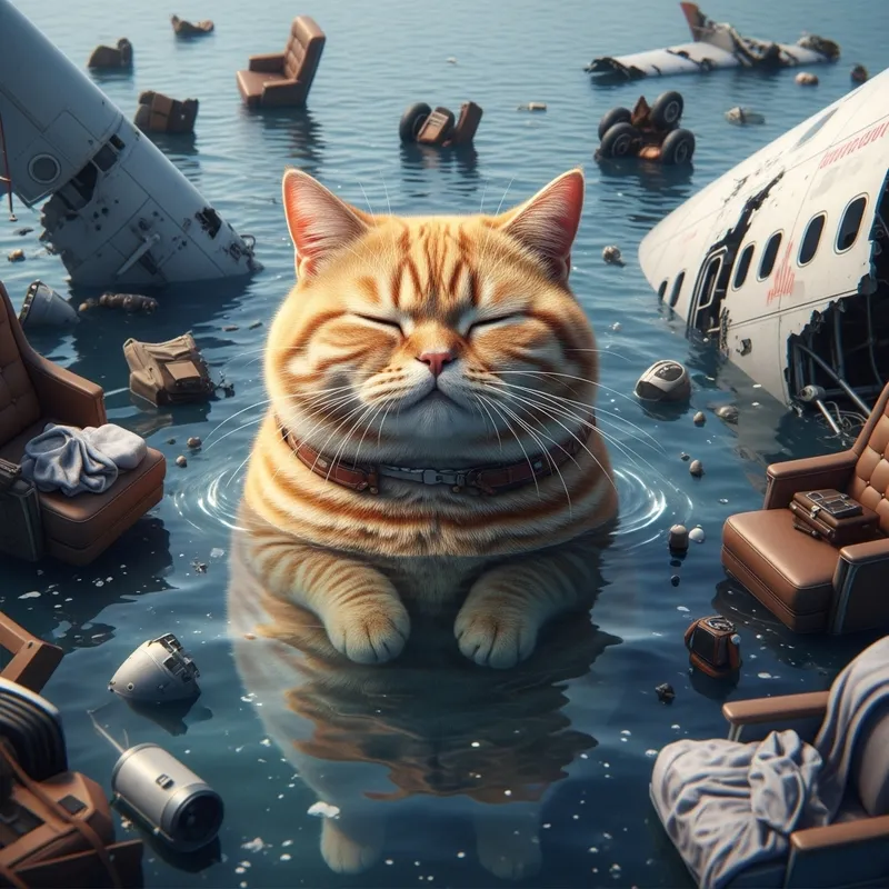 Realistic British Cat in Plane Crash Underwater Scene
