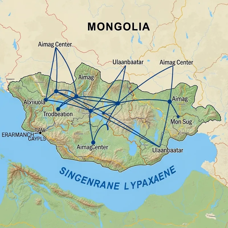 Mongolia Aimag Centers Map with Ulaanbaatar Connections