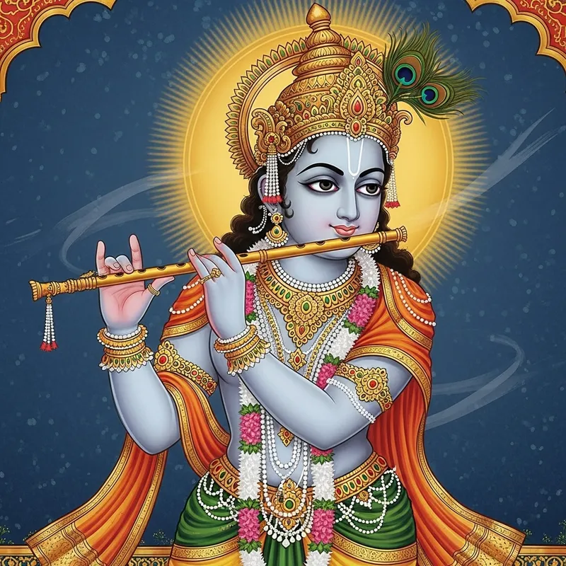 Krishna Playing Flute in Traditional Indian Miniature Art
