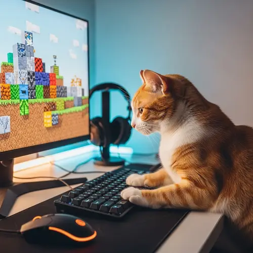Colorful Cat Playing Minecraft on Computer Screen