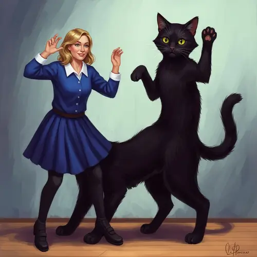 Whimsical Transformation: Woman to Mischievous Cat in Vibrant Colors