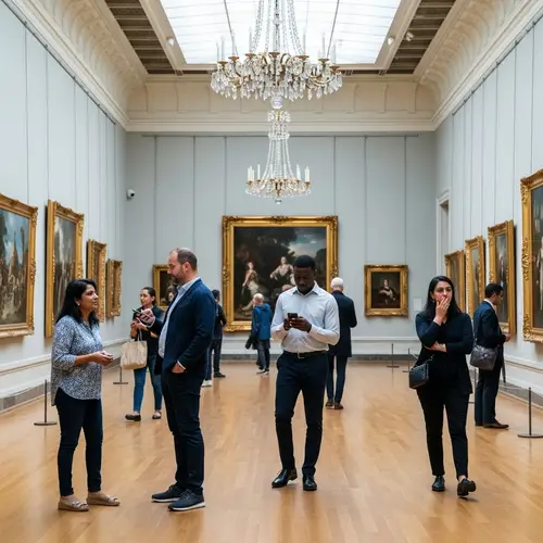 Neglected Art Gallery: Diverse Visitors Ignoring Splendid Artworks