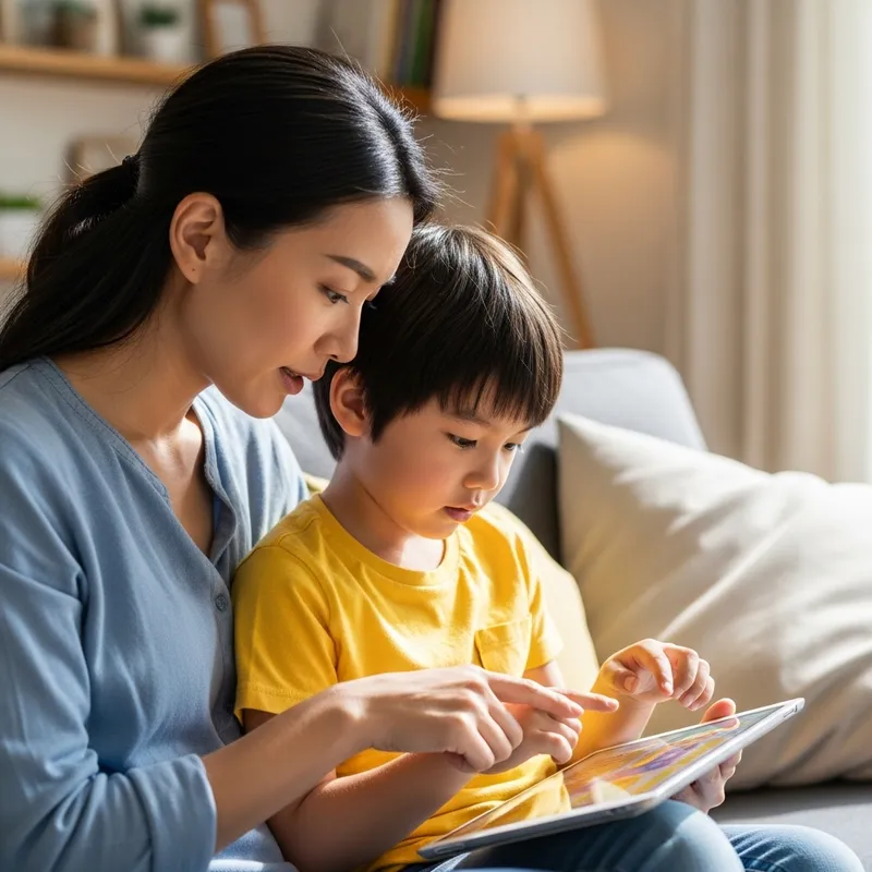 Asian Mother Guiding Child on iPad | Family Sofa Scene