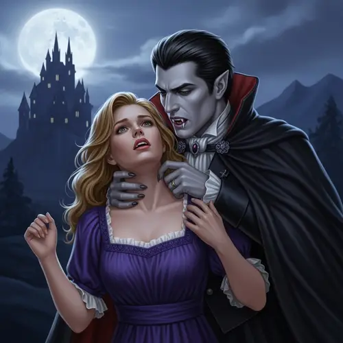 Gothic Vampire Bite: Moonlit Scene with Dracula and Blonde Woman