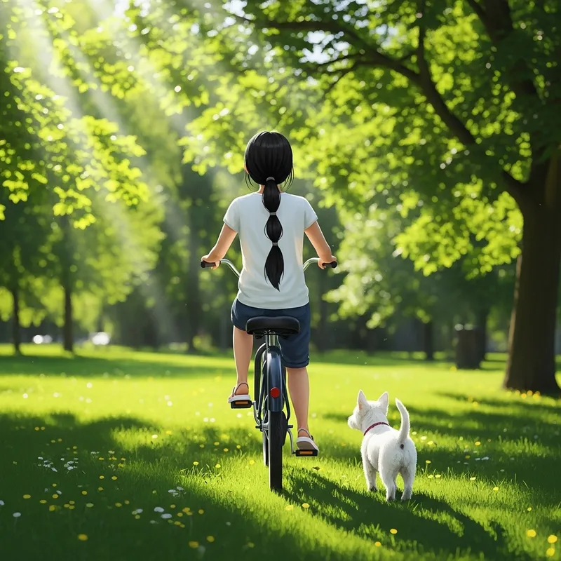 Black-Haired Girl Riding Bicycle with White Puppy in Sunny Park