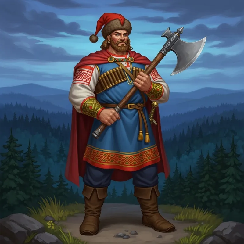 Russian Folklore Hero: Bogatyr with Double-Headed Ax