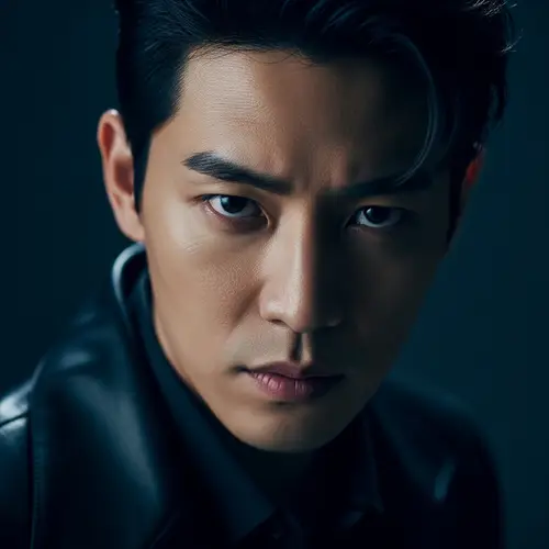 Charismatic East Asian Male Actor: Dramatic Close-up Scene