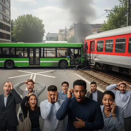 Green Bus and Red Train Collision in Semi-Urban Landscape