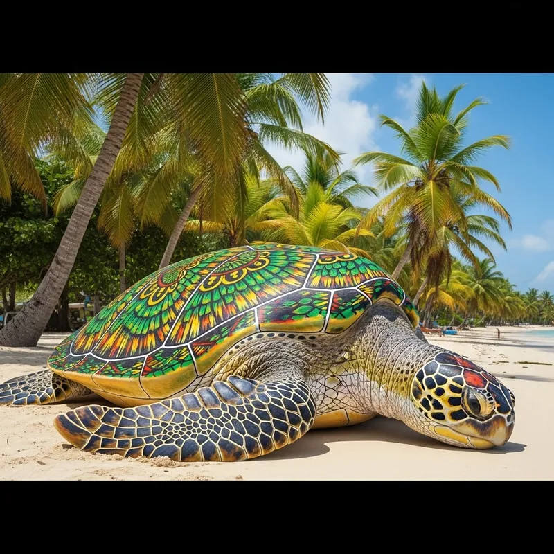 Giant Sea Turtle on Beach | Jamaican Palm Trees Vibes