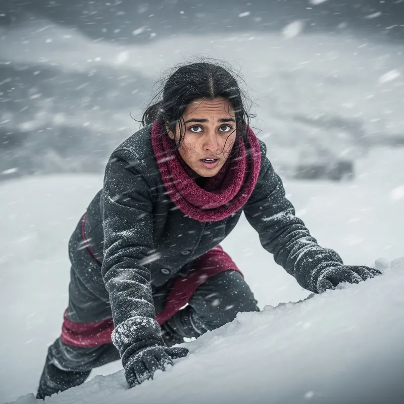 Baroque Survival Struggle: Young Woman Climbing in Snowy Mountains