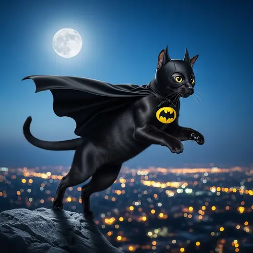 Black Fur Superhero Cat in Bat Costume
