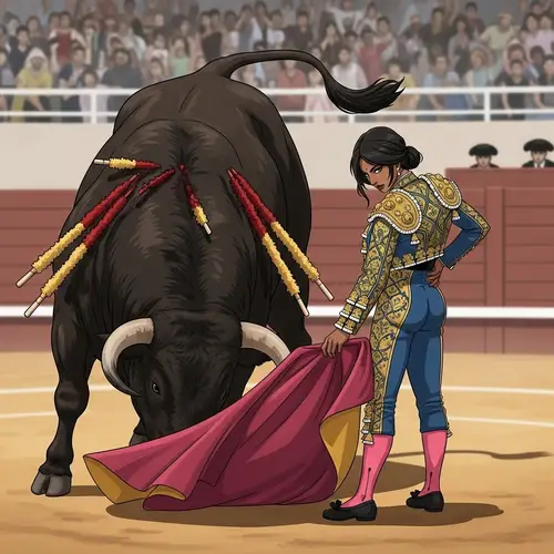 Female Matador Engages Bull in Arena | Anime Style Artwork