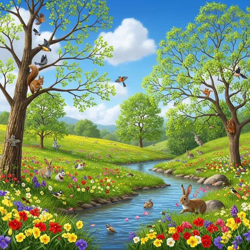 Vibrant Spring Scene: Fresh Leaves, Blooms & Animals in Nature
