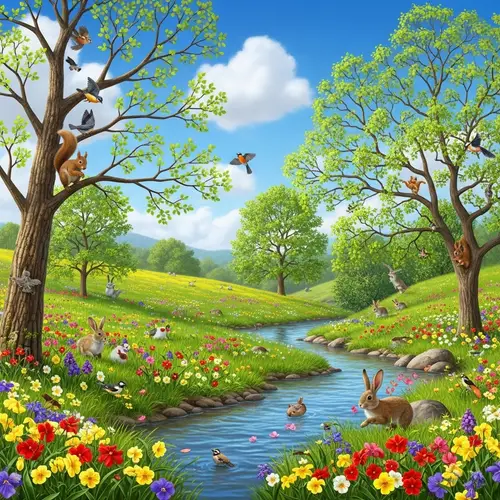 Vibrant Spring Scene: Fresh Leaves, Blooming Flowers & Animals in Nature