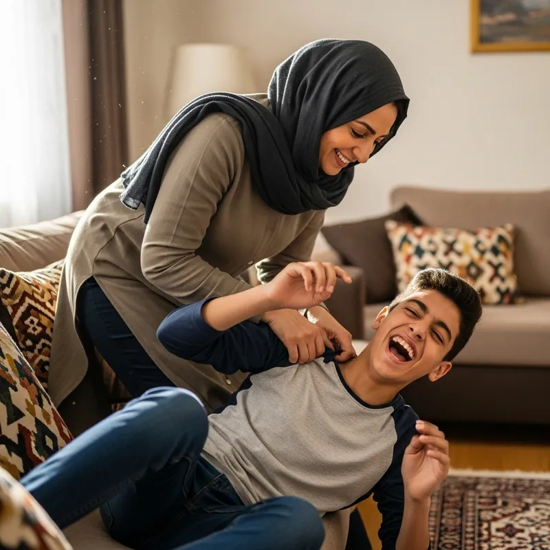 Joyful Middle-Eastern Mother Tickles Teen Son | Heartwarming Moment