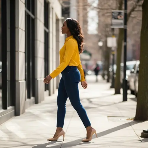 Elegant Black Woman Walking in Stylish Casual Wear