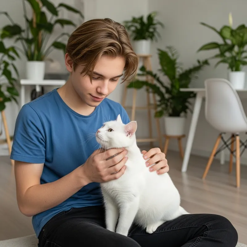 Twink Boy Teen with Smooth Blonde Hair Interacting with White Cat