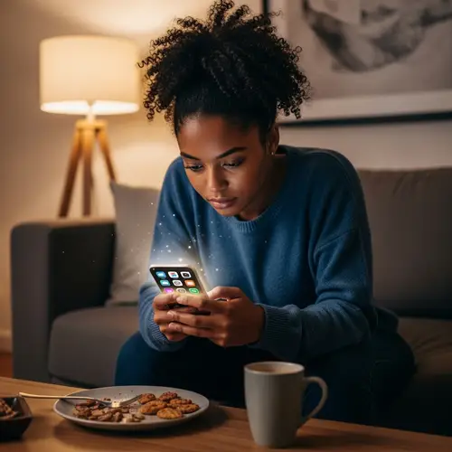 Young Black Woman Engrossed in Social Media | Modern Cozy Room