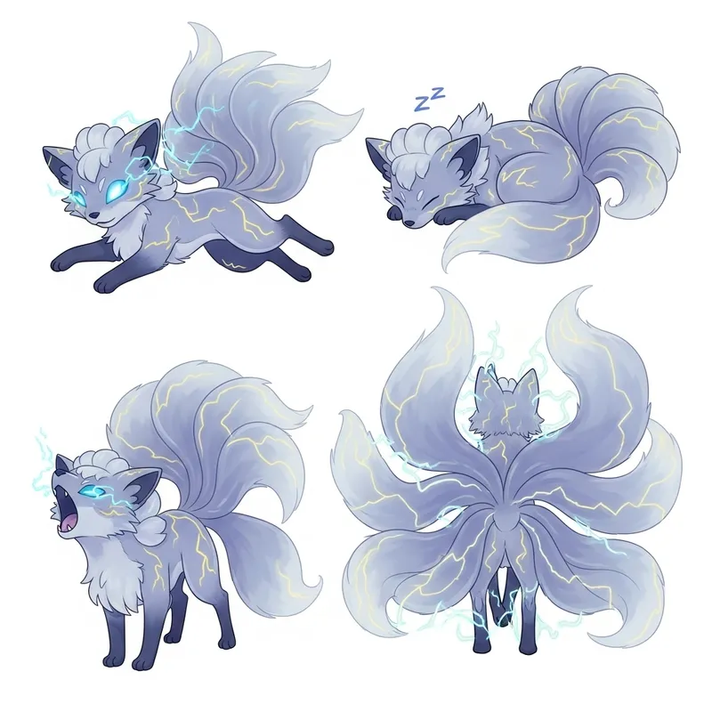2D Electric Ghost Fox Creature Illustration in Fierce Poses