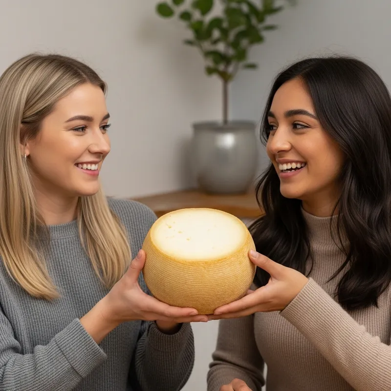 Blonde and Brunette Girls Sharing Laughter with Manchego Cheese Blonde and Brunette Girls Sharing Laughter with Manchego Cheese